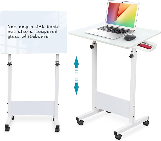 Adjustable Height Standing Desk, Writable Tempered Glass Desktop with Eraser, 360° Flip, Wheels – Ideal for Small Spaces and Home Offices, 31 in, White(Adjustable Height: 32-47 in) - LeafyLoom