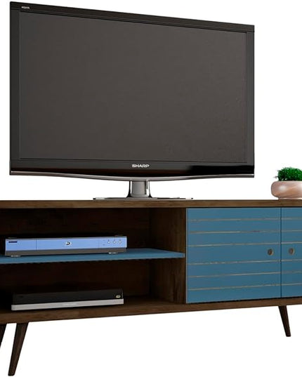 Manhattan Comfort Liberty Mid Century Modern TV Stand for Televisions up to 60 Inches, Bedroom and Living Room Entertainment Center with Storage, Shelves, and Cabinet, 63" Wide, Rustic Brown/Aqua - LeafyLoom