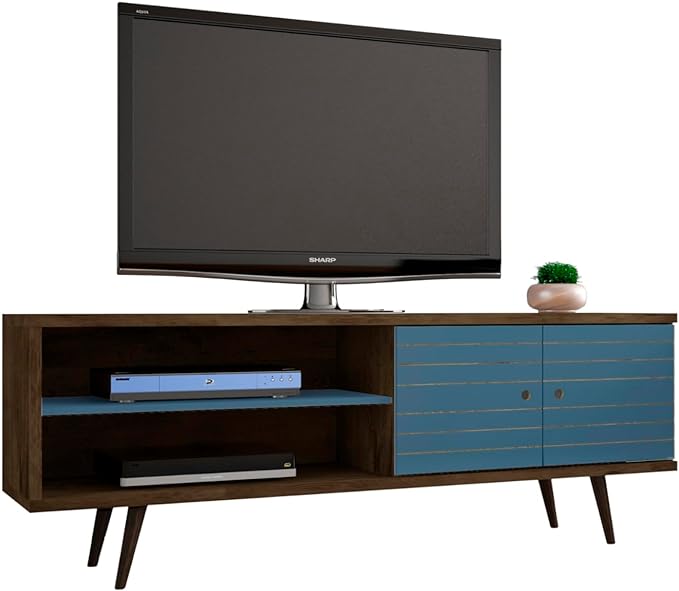 Manhattan Comfort Liberty Mid Century Modern TV Stand for Televisions up to 60 Inches, Bedroom and Living Room Entertainment Center with Storage, Shelves, and Cabinet, 63" Wide, Rustic Brown/Aqua - LeafyLoom
