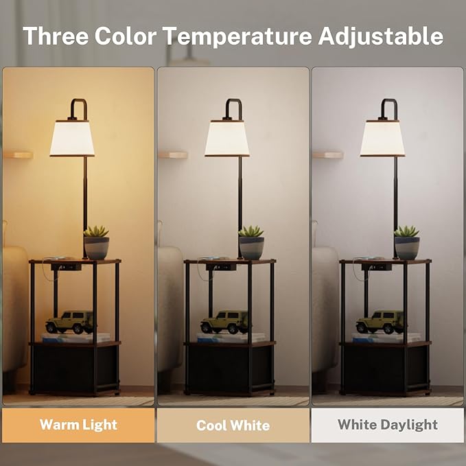 Floor Lamp with Table and Drawer - Floor Lamps for Living Room Bedroom, and Office - Night Stand with Charger Station for Living Room with USB & AC Ports - Side Table Lamp Nightstand Lamp - LeafyLoom
