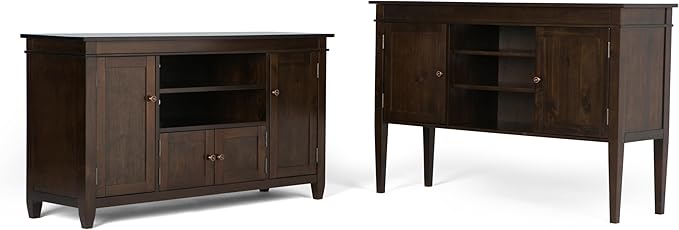 SIMPLIHOME Carlton SOLID WOOD Universal TV Media Stand, 54 Inch Wide, Contemporary, Living Room Entertainment Center, for Flat Screen TVs up to 60 Inch in Dark Tobacco Brown - LeafyLoom