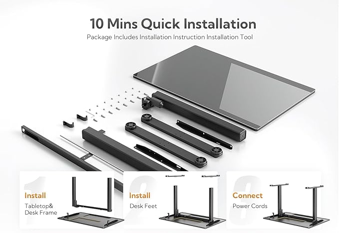 Glass Standing Desk, Electric Standing Desk Adjustable Height, 48 Inch Adjustable Stand Up Desk, Quick Install Home Office Computer Desk, Black - LeafyLoom
