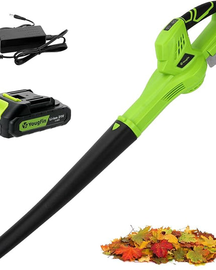 YOUGFIN Cordless Leaf Blower, 21V Powerful Motor, Electric Leaf Blower for Lawn Care, Battery Powered Leaf Blower Lightweight for Snow Blowing (Battery & Charger Included) - LeafyLoom