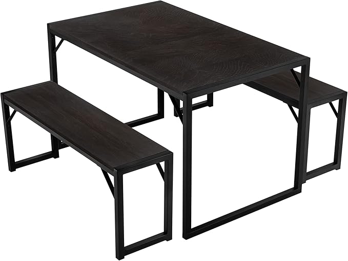 SHA CERLIN Dining Table Set with Two Benches, Rustic Kitchen Table Set for 4 people, Space-Saving Dinette, Heavy Duty Sturdy Structure, Easy Assemble, Black/Black - LeafyLoom