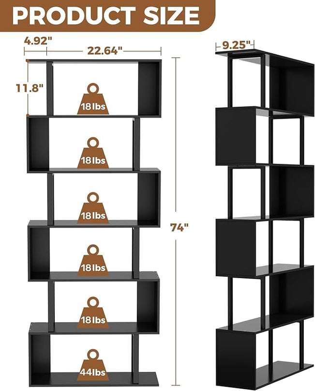 Gadroad 6 Tier Geometric Bookcase, Black Book Shelves, Modern Corner Bookcase Storage Shelf Wood for Bedroom, Living Room, Home Office, Black - LeafyLoom