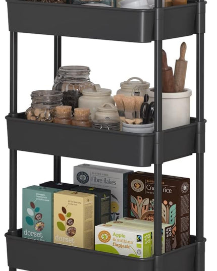 5-Tier Rolling Utility Cart，Trolley with Drawer, Multifunctional Storage Organizer with Plastic Shelf & Metal Wheels, Storage Cart for Living Room, Kitchen, Office, Bathroom, Black - LeafyLoom