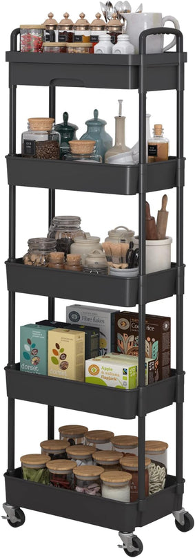 5-Tier Rolling Utility Cart，Trolley with Drawer, Multifunctional Storage Organizer with Plastic Shelf & Metal Wheels, Storage Cart for Living Room, Kitchen, Office, Bathroom, Black - LeafyLoom