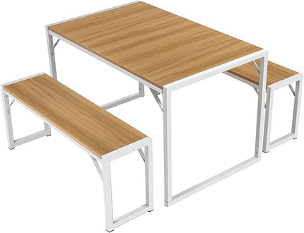 SHA CERLIN 3-Piece Dining Table Set with 2 Benches, Rustic Kitchen Table Set for 4-6, Space-Saving Dinette, Sturdy Structure, Easy Assemble, Maple/White - LeafyLoom