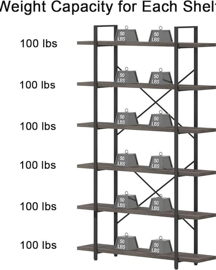 HSH Industrial Tall Bookshelf, Large Vertical Wood and Metal 6 Tier Book Shelf, Open 6 Shelf Bookcase for Bedroom Living Room Office, Vintage Display Storage Bookshelves and Bookcases, Dark Gray Oak - LeafyLoom