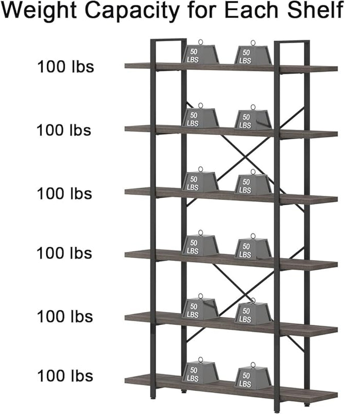 HSH Industrial Tall Bookshelf, Large Vertical Wood and Metal 6 Tier Book Shelf, Open 6 Shelf Bookcase for Bedroom Living Room Office, Vintage Display Storage Bookshelves and Bookcases, Dark Gray Oak - LeafyLoom