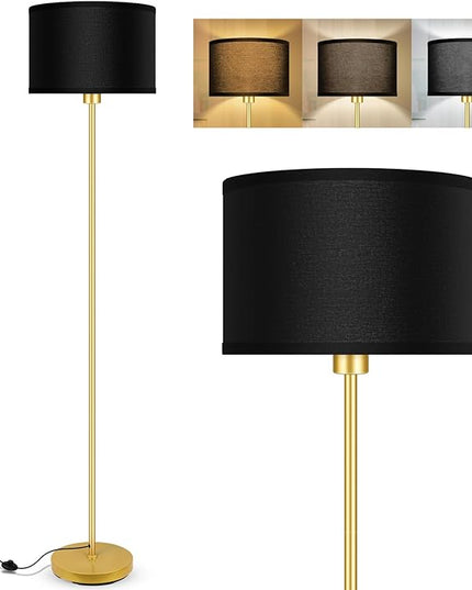 BoostArea Gold Floor Lamp Standing Lamp, 9W LED Floor Lamps with 3 Color Temperatures, Simple Tall Lamp with Linen Lampshade, On/Off Footswitch, Pole Lamps for Living Room, Bedroom, Office, Black - LeafyLoom