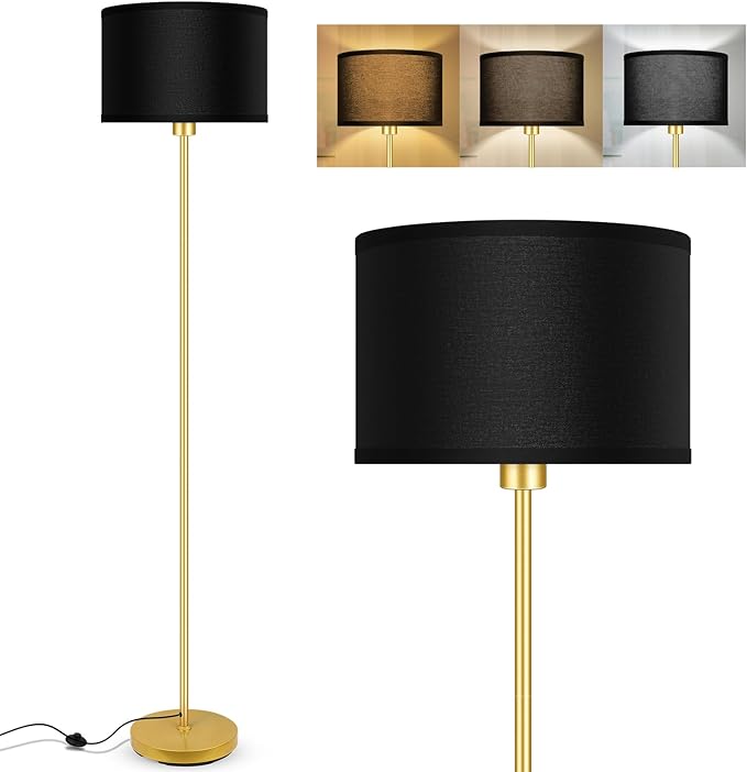 BoostArea Gold Floor Lamp Standing Lamp, 9W LED Floor Lamps with 3 Color Temperatures, Simple Tall Lamp with Linen Lampshade, On/Off Footswitch, Pole Lamps for Living Room, Bedroom, Office, Black - LeafyLoom