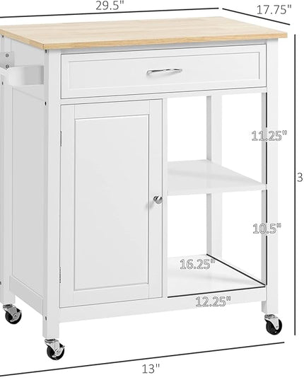 HOMCOM Kitchen Island Cart, Rolling Kitchen Island with Storage Shelf, Solid Wood Top, Drawer, for Dining Room, White - LeafyLoom