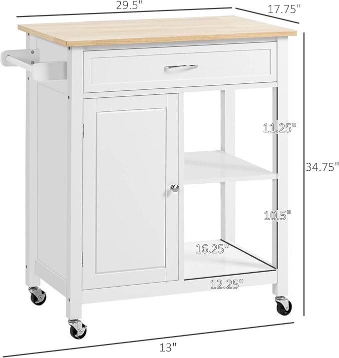 HOMCOM Kitchen Island Cart, Rolling Kitchen Island with Storage Shelf, Solid Wood Top, Drawer, for Dining Room, White - LeafyLoom