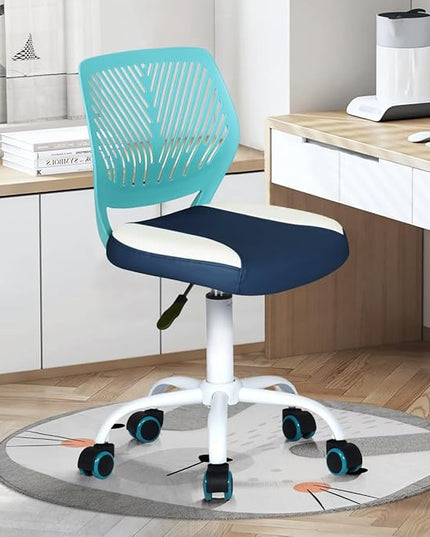 Desk Chair Small Study Chairs Armless for Children Kids Teens, Swivel Rolling Lightweight Task Chair with Wheels and Pu Leather Padded Cushion, Green/Navy - LeafyLoom