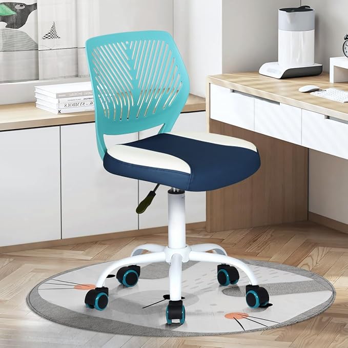Desk Chair Small Study Chairs Armless for Children Kids Teens, Swivel Rolling Lightweight Task Chair with Wheels and Pu Leather Padded Cushion, Green/Navy - LeafyLoom