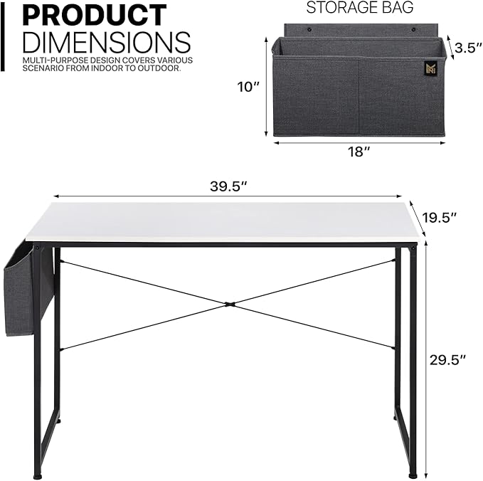 MoNiBloom Computer Desk 40 Inches with A Storage Bag, Student Laptop Writing Desks for Samll Space Home Office, White - LeafyLoom