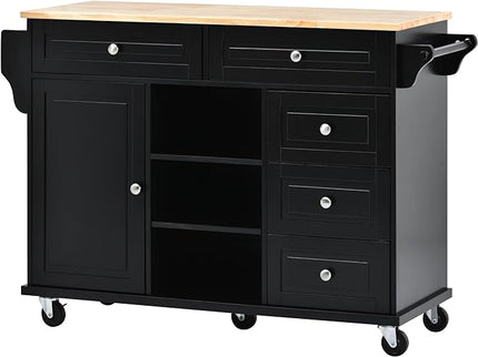 53Inch Rolling Kitchen Island Table with 5 Drawers, Kitchen-Car on Wheels w/Storage Cabinets, Rubber Wood Top, 2 Adjustable Shelf & Towel Handle for Dinning Room, Coffee Bar - LeafyLoom