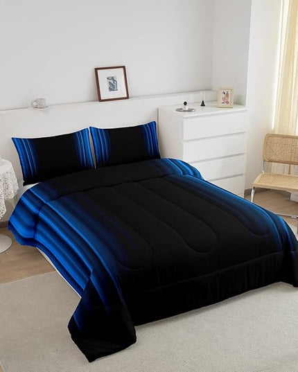 Geometric Abstract Ombre Comforter Set Kids Teens Blue and Black Striped Bedding Bed Set Decor Modern Fashion Comforter Inner Fill Bedroom Collection 2Pcs Twin Size - LeafyLoom