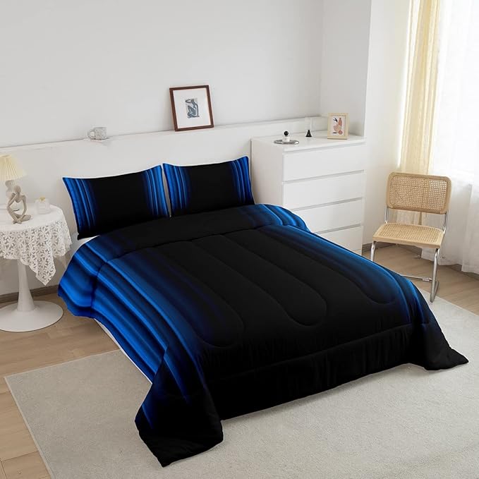 Geometric Abstract Ombre Comforter Set Kids Teens Blue Black Striped Bedding Bed Set Decor Modern Fashion Comforter Collection 3Pcs King Size Boys - LeafyLoom