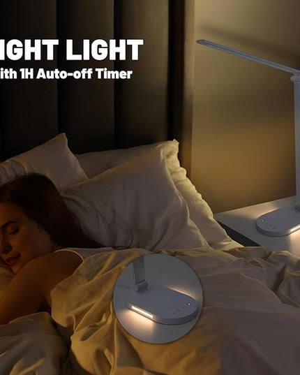 LED Desk Lamp for Home Office, Dimmable Table Lamp with USB Charging Port, 5 Lighting Modes, Sensitive Control, 60 Minutes Auto-Off Timer, Eye-Caring Office Lamp(White) - LeafyLoom