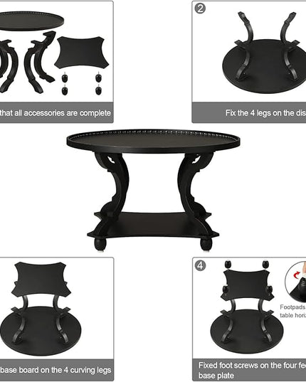 Wnutrees Farmhouse Round Coffee Table,Wood Tray Top Circle Coffee Table with Storage Shelf Rustic Style for Living Room and Vintage Finish,Black - LeafyLoom