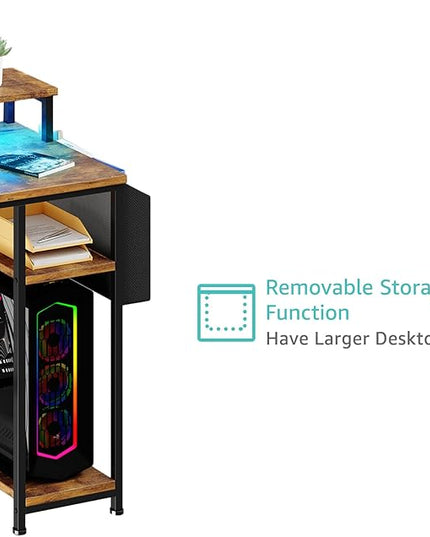 Lufeiya Computer Desk with Fabric File Drawers Cabinet, 55 Inch Home Office Desk with Shelves Monitor Stand, Study Writing Gaming Desks with Led Light Power Outlets for Bedroom, Rustic Brown - LeafyLoom