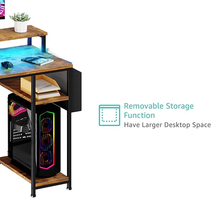Lufeiya Computer Desk with Fabric File Drawers Cabinet, 55 Inch Home Office Desk with Shelves Monitor Stand, Study Writing Gaming Desks with Led Light Power Outlets for Bedroom, Rustic Brown - LeafyLoom