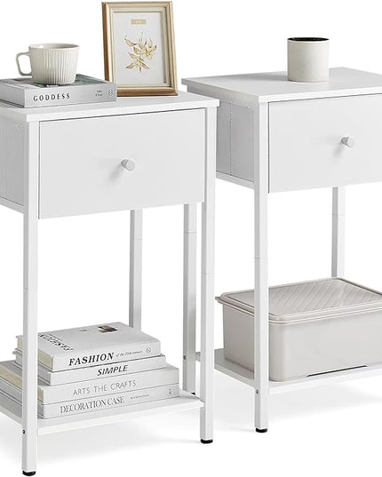 VASAGLE Nightstands, Set of 2 Side Tables with Fabric Drawer, 24-Inch Tall End Tables with Storage Shelf, Bedroom, White ULGS221W14 - LeafyLoom