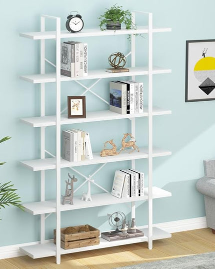HSH 6 Tier Tall White Bookshelf, Industrial Modern Vertical Metal and Wood White Bookcases 6 Shelf,Farmhouse Open Large Storage Book Shelves & Display Book Shelf for Bedroom Living Room Office - LeafyLoom