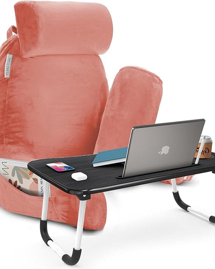 Clara Clark Reading Pillow with Portable Lap Desk for laptop Set, Back Pillow for Sitting Up in Bed, Memory Foam Back Support Pillow, Bed Rest Pillow with Foldable Laptop Desk, Large - Misty Rose - LeafyLoom