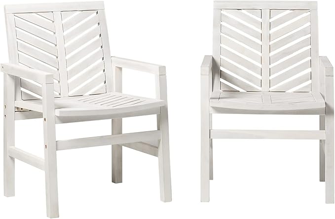 Walker Edison AZWC2VINWW Avalon Chevron Solid Acacia Wood Outdoor Chair, White Wash - LeafyLoom