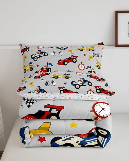 Feelyou Kids Cartoon Car Comforter Set Full Size Racing Car Bedding Set for Boys Girls Teen Kids Children Home Decor Racing Car Comforter Race Cars Quilt Bed Set Red Grey Bedding Set for All Season - LeafyLoom