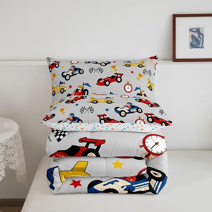Feelyou Kids Cartoon Car Comforter Set Full Size Racing Car Bedding Set for Boys Girls Teen Kids Children Home Decor Racing Car Comforter Race Cars Quilt Bed Set Red Grey Bedding Set for All Season - LeafyLoom