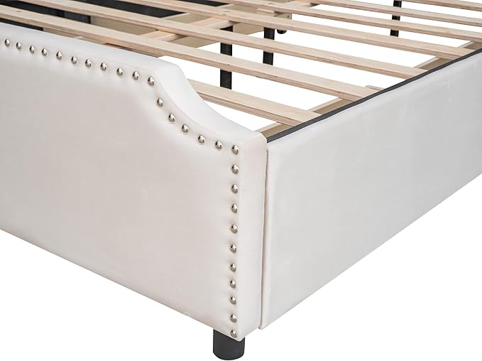 Queen Size Bed Frame with 4 Storage Drawers, Elegant Velvet Upholstered Platform Bed with Stud Trim Headboard and Footboard, Bedroom Furniture, No Box Spring Needed, Beige - LeafyLoom