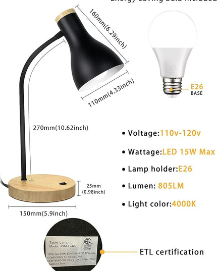 Desk Lamp Eye-Caring Table Lamps, Gooseneck Reading Desk Lamps Light, Portable Reading Book Light, Clamp Light, Study Desk Lamps for Bedroom and Office Home Lighting (Black-01) - LeafyLoom