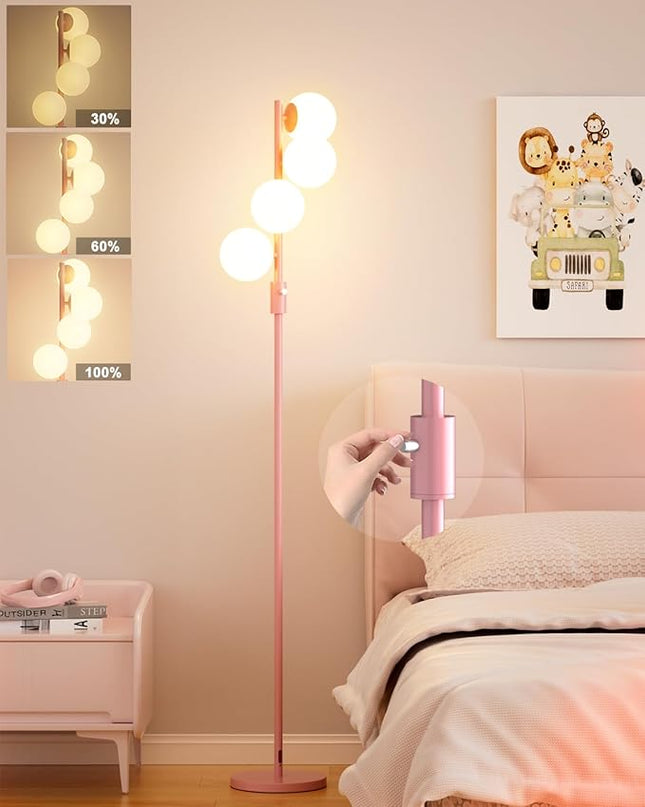 64IN Dimmable Pink Floor Lamp, Tall Standing Lamps with 4 Globe Soft Warm White Eye Care 3000K G9 Bulbs, Mid Century Modern Floor Lamp for Bedroom Office - LeafyLoom