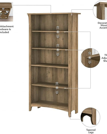 Bush Furniture Salinas Tall 5 Shelf Bookcase in Reclaimed Pine - LeafyLoom