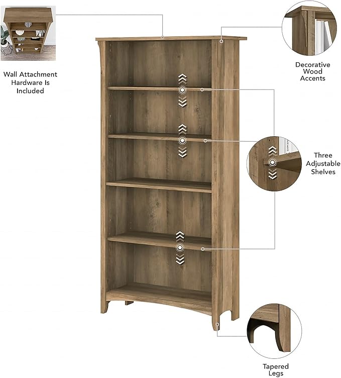 Bush Furniture Salinas Tall 5 Shelf Bookcase in Reclaimed Pine - LeafyLoom