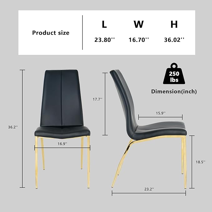Modern Faux Leather Dining Chairs Set of 4, Padded Seat Dining Side Chairs, Upholstered Chair with Metal Legs for Kitchen, Living Room, Dining Room, Black Chairs+Gold Legs - LeafyLoom
