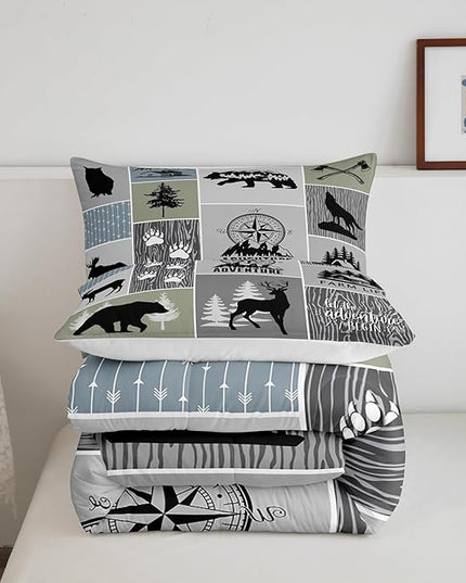 Rustic Farmhouse Cabin Kids Comforter Set Twin Size,Deer Bear Hunting Adventure Bedding Set for Boys Girls Adults Room Decor,Geometric Plaids Down Comforter,Gray Green Duvet Insert,1 Pillowcase - LeafyLoom