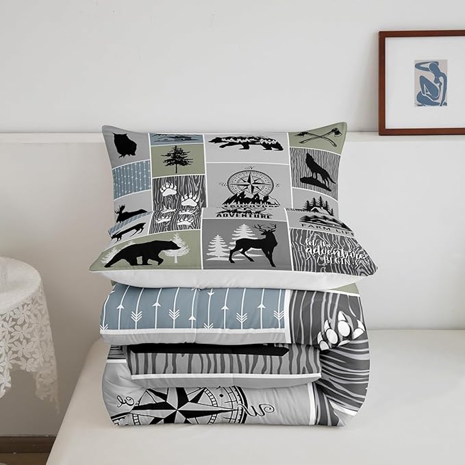 Rustic Farmhouse Cabin Kids Comforter Set Twin Size,Deer Bear Hunting Adventure Bedding Set for Boys Girls Adults Room Decor,Geometric Plaids Down Comforter,Gray Green Duvet Insert,1 Pillowcase - LeafyLoom