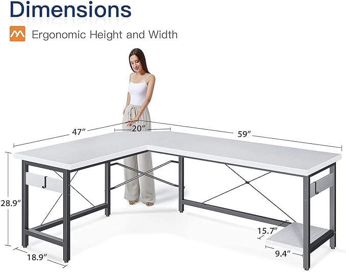 Coleshome 59" L Shaped Gaming Desk, Corner Computer Desk, Sturdy Home Office Table for Writing, Larger Workstation, White - LeafyLoom