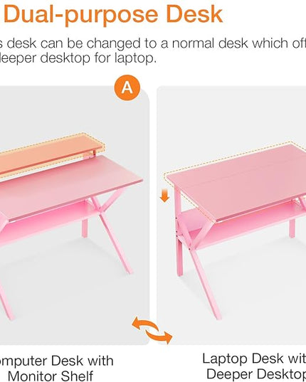 ODK Small Desk, 27.5 Inch Small Computer Desk for Small Spaces, Compact Desk with Storage, Tiny Desk Study Desk with Monitor Stand for Home Office, Pink - LeafyLoom