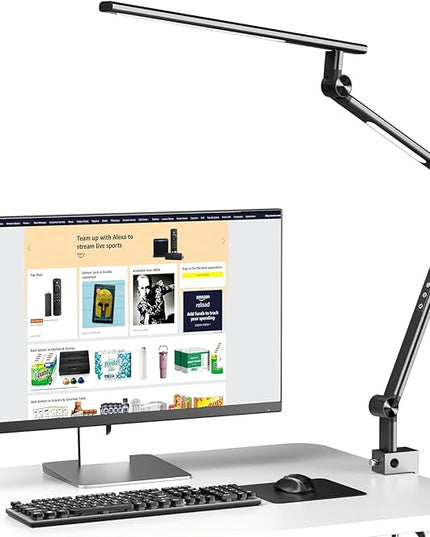 LED Desk Lamp, Desk Light for Home Office, Dual Light Source 18W Brightest, Eye-Caring Optical Lens, Office Lamp, 5 Color Modes & Brightness, Aluminum Alloy Drafting Light, Clamp Lamp, Black - LeafyLoom