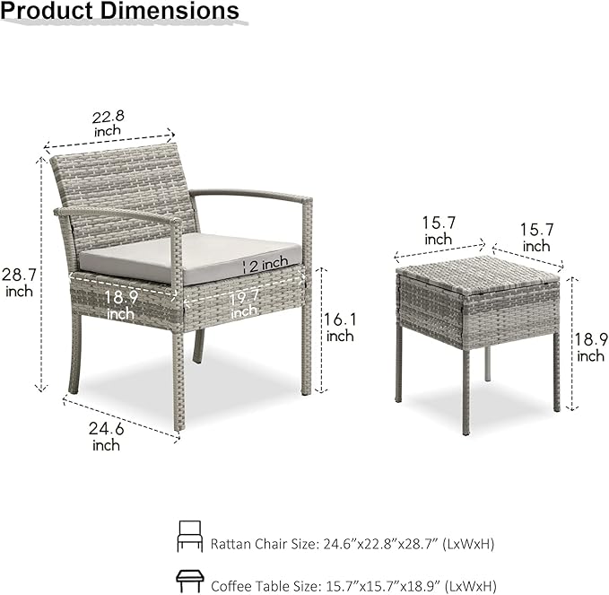 3 Pieces Patio Furniture Set, Balcony Furniture, Patio Bistro Set All-Weather Wicker Chairs Conversation Set with Cushions Table for Outdoor Backyard Porch Lawn (Grey-Grey) - LeafyLoom
