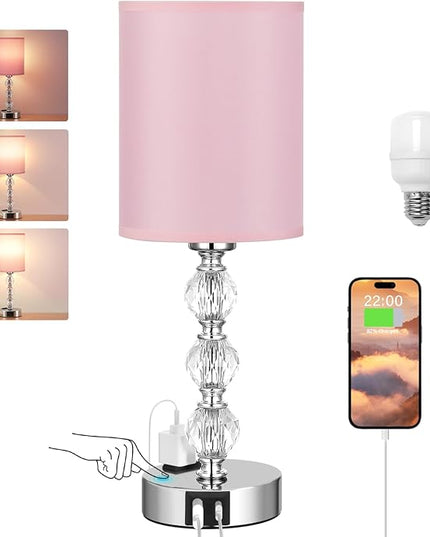 Pink Touch Bedside Lamps for Bedrooms - Crystal Table Lamp with USB C+A Charging Port and AC Outlet Nightstand, 3 Way Dimmable Silver Small End Side Table Lamp for Living/Guest/Dinning Room/Kitchen - LeafyLoom