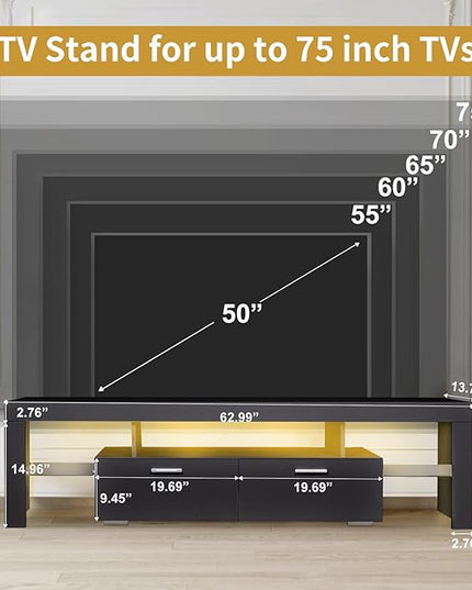 LED TV Stand for Televisions up to 65 inches, Entertainment Center and Media Console with Storage Drawers and Glass Shelves for Living Room, Bedroom - LeafyLoom