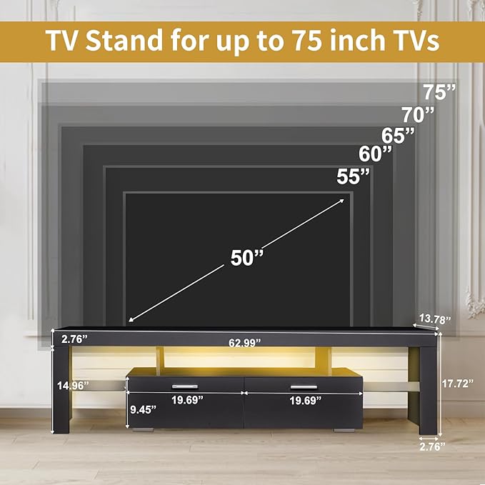 LED TV Stand for Televisions up to 65 inches, Entertainment Center and Media Console with Storage Drawers and Glass Shelves for Living Room, Bedroom - LeafyLoom