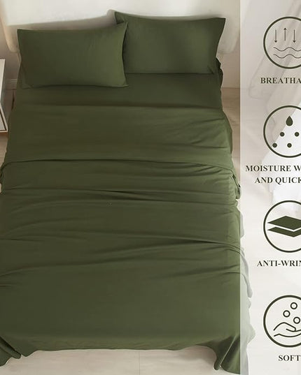 Army Green Full Size Sheet Set Extra Soft Deep Pocket Sheets Set,4 Piece Bed Fitted Sheets Fit 16 Mattress,Wrinkle,Fade,Sain Resistant Cooling Bed Sheets,Fitted Sheets,Pillowcases Set - LeafyLoom